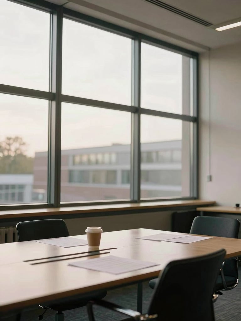 Wide environmental shot of a Dutch professional office interior, natural daylight falling through tall windows onto a conference table with papers and a coffee cup, two chairs pulled slightly apart as if a meeting just ended, warm afternoon light, no people visible