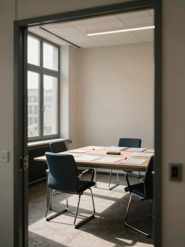 Wide-angle view of a Dutch office meeting room from the doorway, documents and notebooks spread across a long table, afternoon daylight streaming through tall windows on the left side, two empty chairs facing each other, warm neutral tones