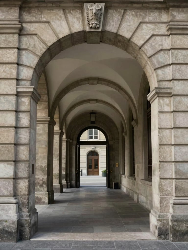 Wide corridor view of Cours des Bastions 13 building entry, Geneva — stone archway framing a quiet interior hall, natural north-facing daylight, no figures, muted tones