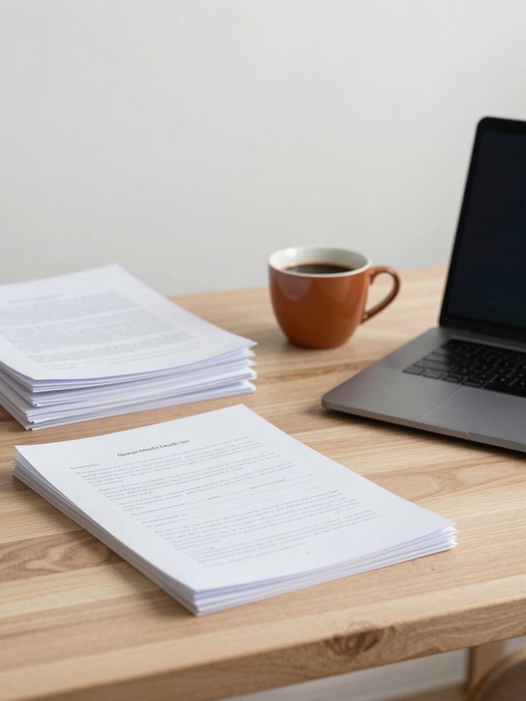 Neat workspace with organized documents, a sleek laptop, and a warm ceramic coffee cup on a light wooden desk, soft overcast daylight