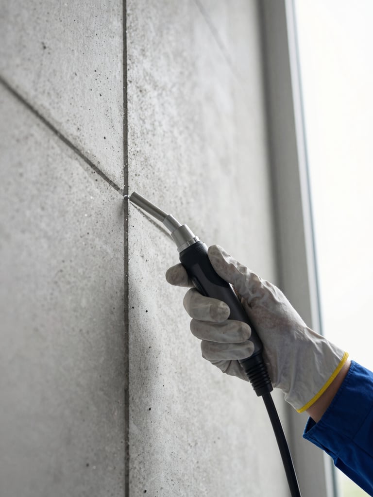 Overhead documentation shot of a technician's gloved hand pressing a treatment applicator nozzle into a gap in a concrete wall, bright natural daylight flooding from a side window, droplet visible mid-application, clinical and precise framing, no faces visible
