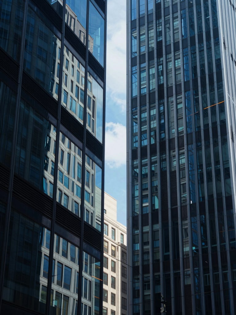 Crisp daylight reflecting off abstract geometric glass facades, cool-toned 35mm architectural framing, deep navy shadows