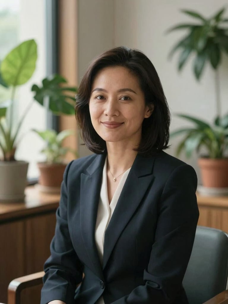A warm, naturally lit portrait of a professional female attorney in her late 30s, smiling gently, sitting in a sunlit room with potted plants and soft wooden textures, shallow depth of field, overcast daylight.