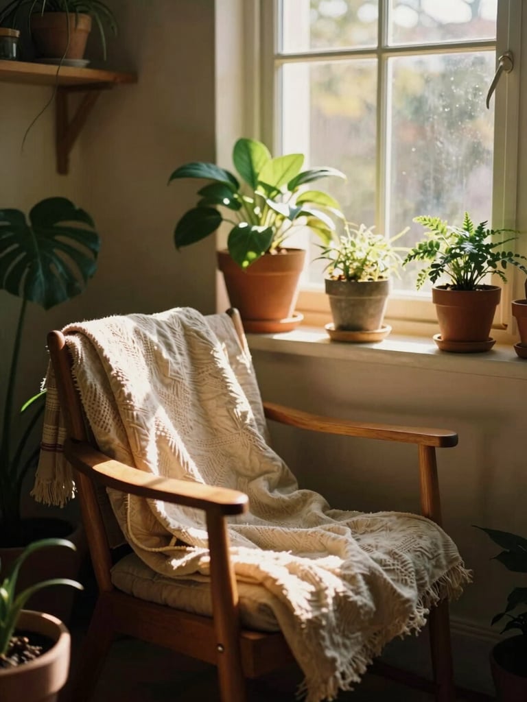 Sun-drenched cozy reading nook filled with potted plants, textured linen textiles draped over a wooden chair, warm golden-hour window light.