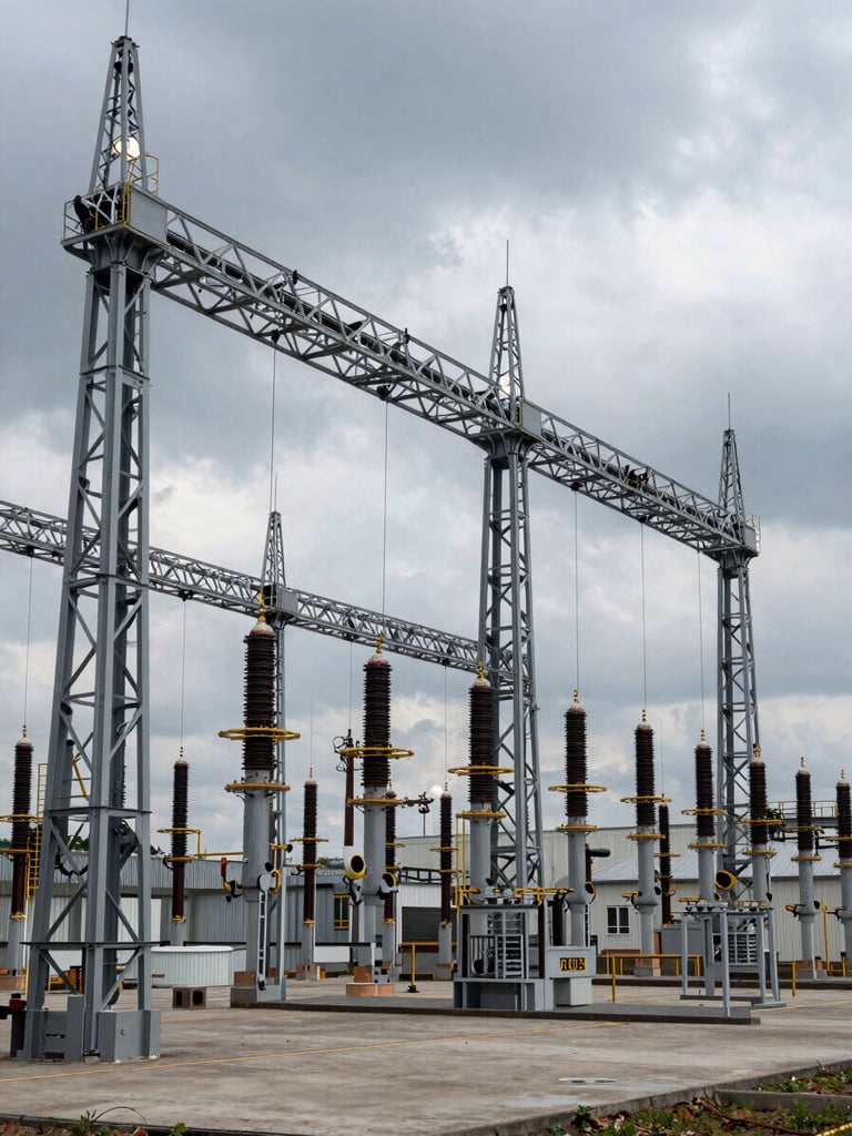 Wide environmental shot of a massive industrial substation installation, overcast sky, heavy steel structures, professional engineering photography.