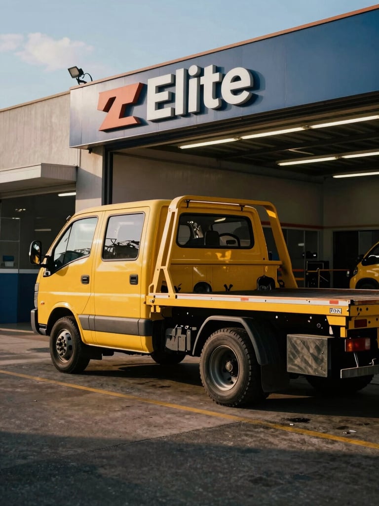 A yellow flatbed tow truck parked outside the clean, well-lit Elite Autocenter workshop in Venda Nova do Imigrante, dramatic natural daylight