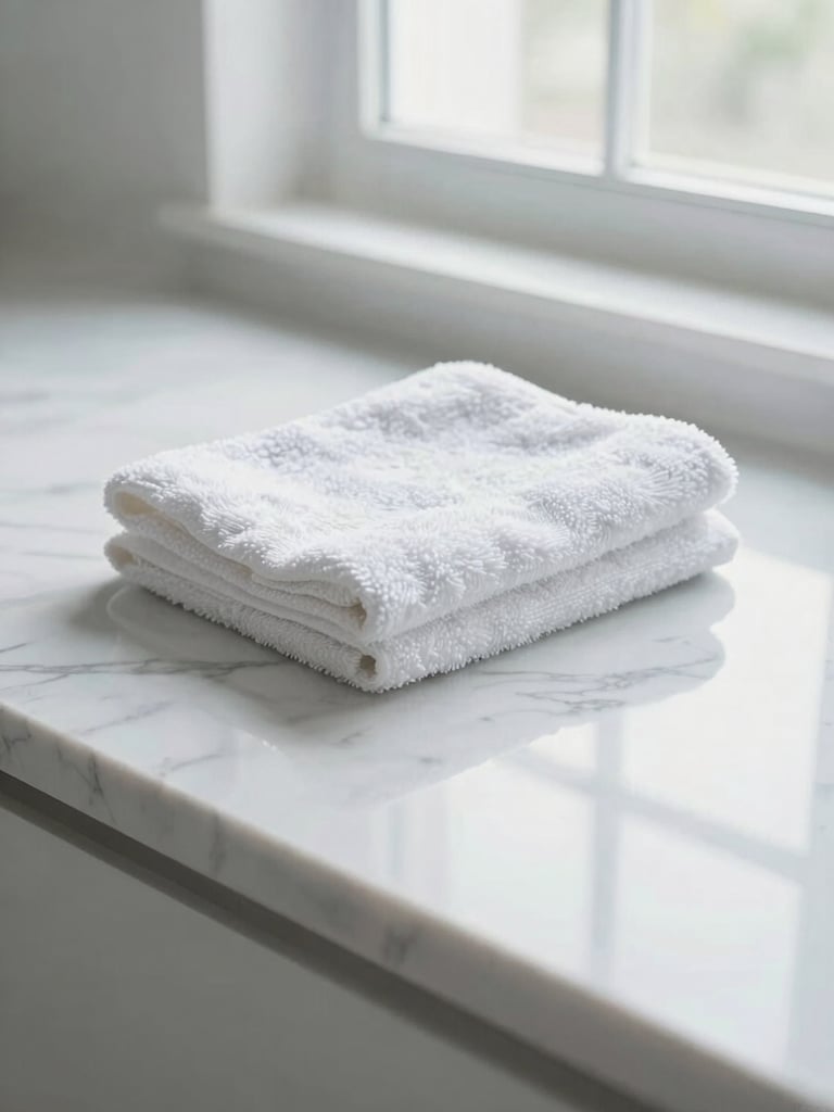 Bright clean photography of a pristine marble countertop reflecting soft morning window daylight. A neatly folded fresh white cotton towel sits nearby. Crisp reflections, white and soft blue tones, 35mm lens.