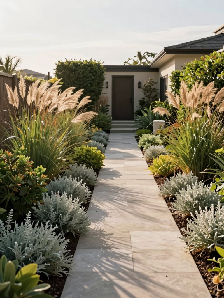 Wide environmental shot of a finished coastal residential garden in late afternoon natural daylight — dense salt-tolerant plantings in warm greens and silver-sage tones border a clean stone path leading to a front entry, mature ornamental grasses catching the breeze, no people