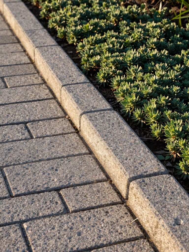 Close-up of a freshly laid coastal hardscape edge—cut pavers meeting a planted border of low salt-tolerant groundcover, afternoon light raking across the stone surface showing texture and precision