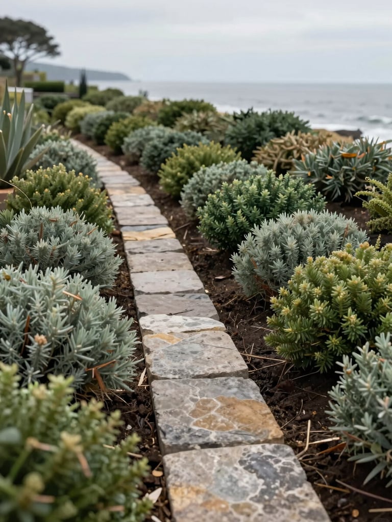 Wide environmental shot of a completed island garden installation—stone drainage channel running through a planted bed of mature coastal shrubs, soft overcast daylight, no people, showing the structural groundwork beneath the planting