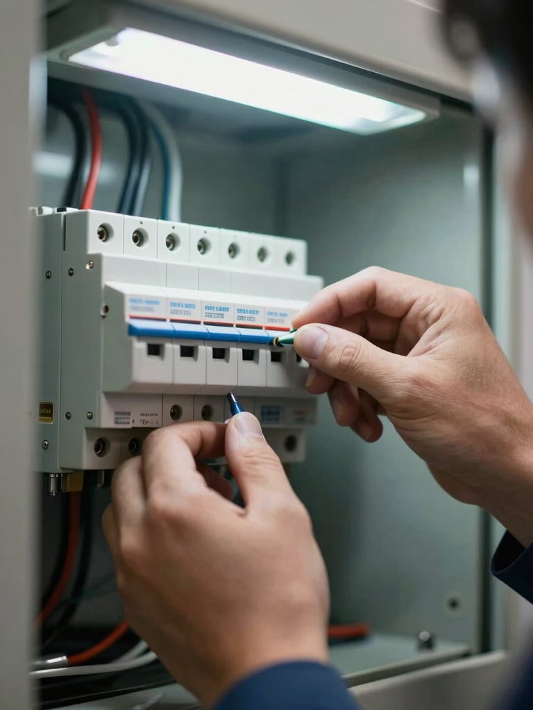 Close-up of a technician's hands tracing a circuit breaker inside a residential panel, cool overhead fluorescent lighting, diagnostic probe visible at the edge of frame