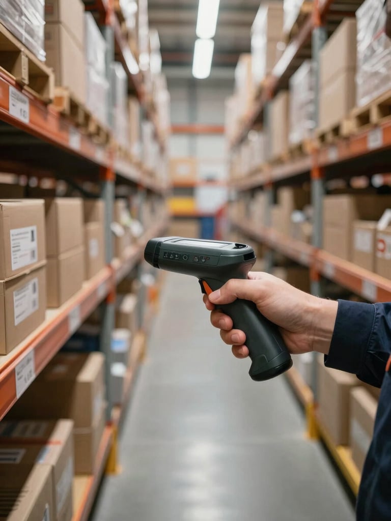 Close-up overhead view of warehouse shelving aisles with clearly labelled bin locations, a worker's hands operating a handheld barcode scanner against a shelf of boxed goods, fluorescent work-shift lighting, organized inventory visible in background depth