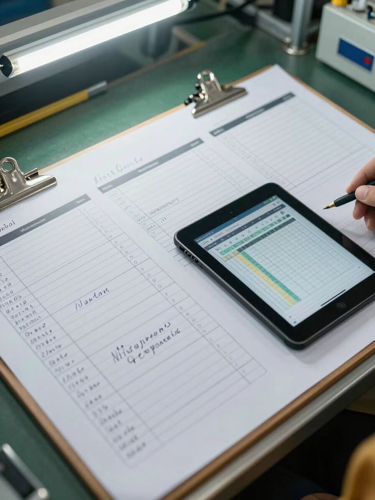 Close-up overhead view of a production planning board on an Indonesian factory floor — work orders clipped to a board, handwritten shift notes, a tablet displaying a live production schedule, fluorescent work-shift lighting, organized operational context visible in background