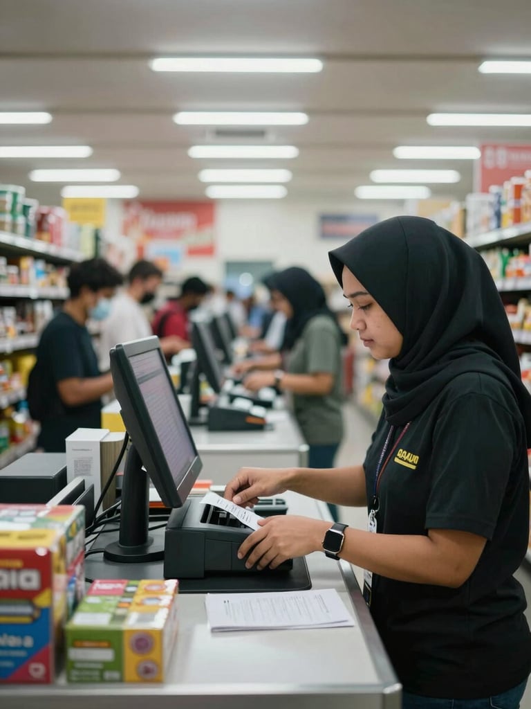 Wide shot of a busy retail checkout counter in Indonesia, cashier actively operating a POS touchscreen terminal mid-transaction, product barcodes and receipt printer visible, fluorescent work-shift lighting from above, stocked shelves blurred in background, left side of frame open