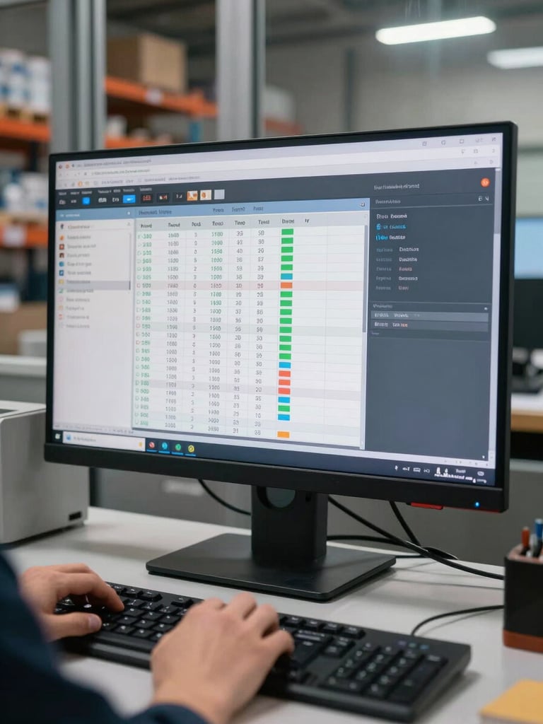 Close-up of a warehouse management dashboard on a large monitor in active use, real inventory data visible on screen, operator's hands on keyboard in foreground, industrial shelving visible through window in background, fluorescent work-shift lighting