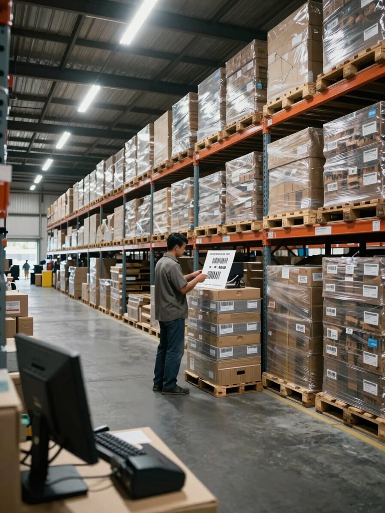 Wide shot of an active Indonesian warehouse interior, a worker mid-motion scanning barcode on stacked inventory pallets under fluorescent work-shift lighting, shelving racks extending deep into the frame, visible inventory labels and data terminals in foreground
