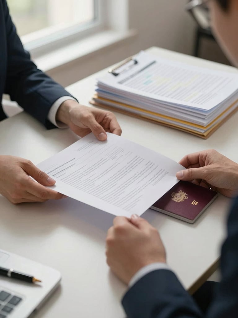 Close-up medium shot of an applicant's hands on a desk arranging official documents and a passport under soft north-facing window light, a consultant's pen visible at the edge of the frame, organised files and a checklist in the background, warm controlled studio daylight, calm and focused atmosphere