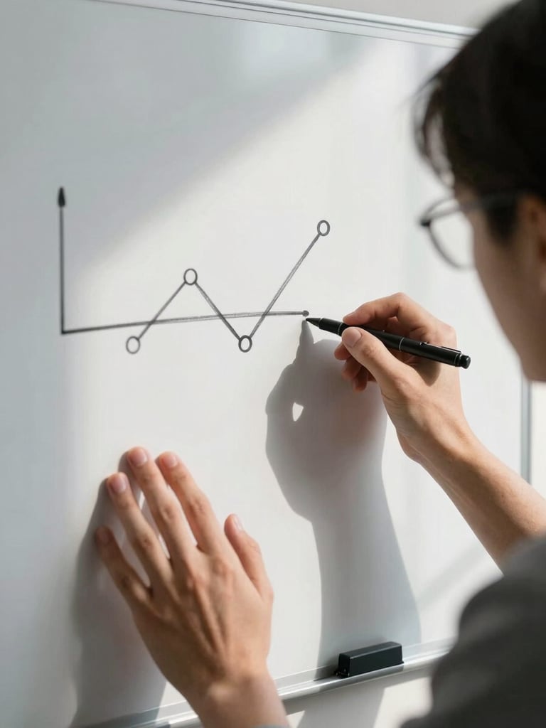 Close-up of hands sketching a cash-flow timeline on a clean whiteboard, natural daylight casting sharp shadows, modern workspace.