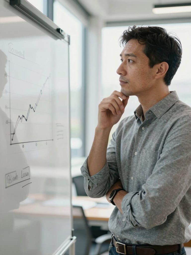 Candid, natural portrait of a financial strategist in a bright, modern workspace, looking thoughtfully at a whiteboard with cash-flow sketches, crisp natural daylight.