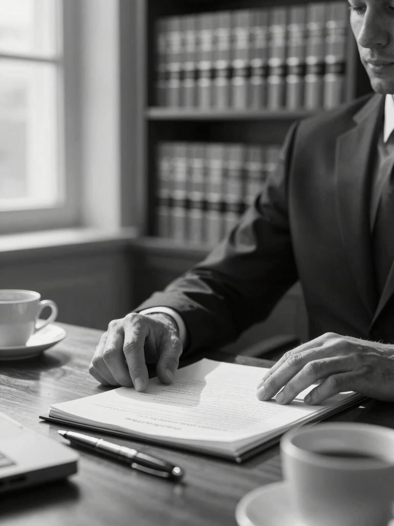 Close environmental shot of a lawyer's desk under natural north-facing window light, hands resting near an open document, coffee cup and pen visible, bookshelves of legal volumes blurred in background, grayscale tones, no faces visible