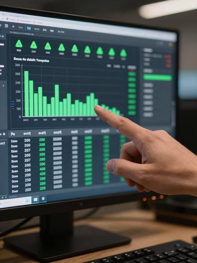 Extreme close-up of a hand pointing at a large monitor screen displaying a live analytics dashboard with green alert indicators, bar charts, and real-time data rows, ambient dashboard glow illuminating the hand and keyboard below, dark operational environment in background