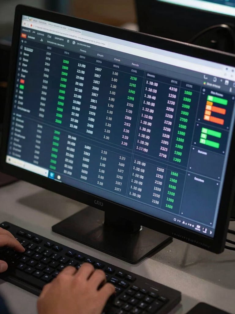 Extreme close-up overhead of a large operational dashboard monitor in a dark hotel command center, screen glowing with live analytics tiles showing revenue figures, occupancy rates, and alert indicators in green and white on deep navy, a hand resting on a keyboard in the lower foreground, ambient fluorescent strip light reflecting off the desk surface