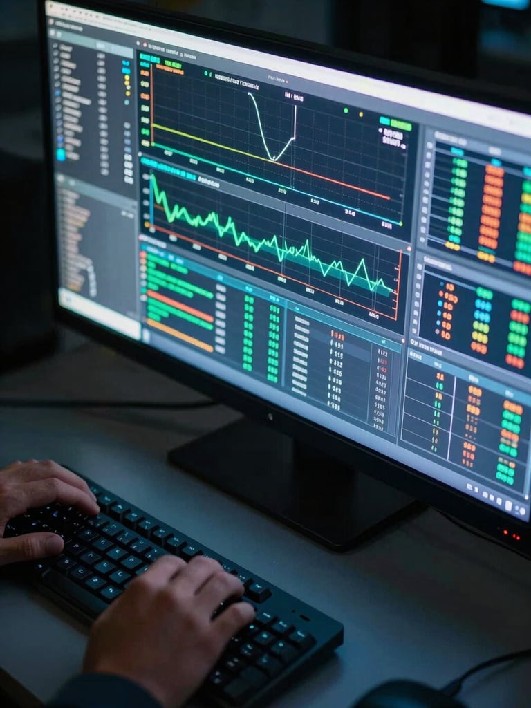 Extreme close-up overhead view of a large operational dashboard screen glowing in a darkened control room, rows of live data charts and KPI tiles visible on the monitor, hands resting at keyboard in foreground, ambient dashboard light casting a blue-green tint across the desk surface