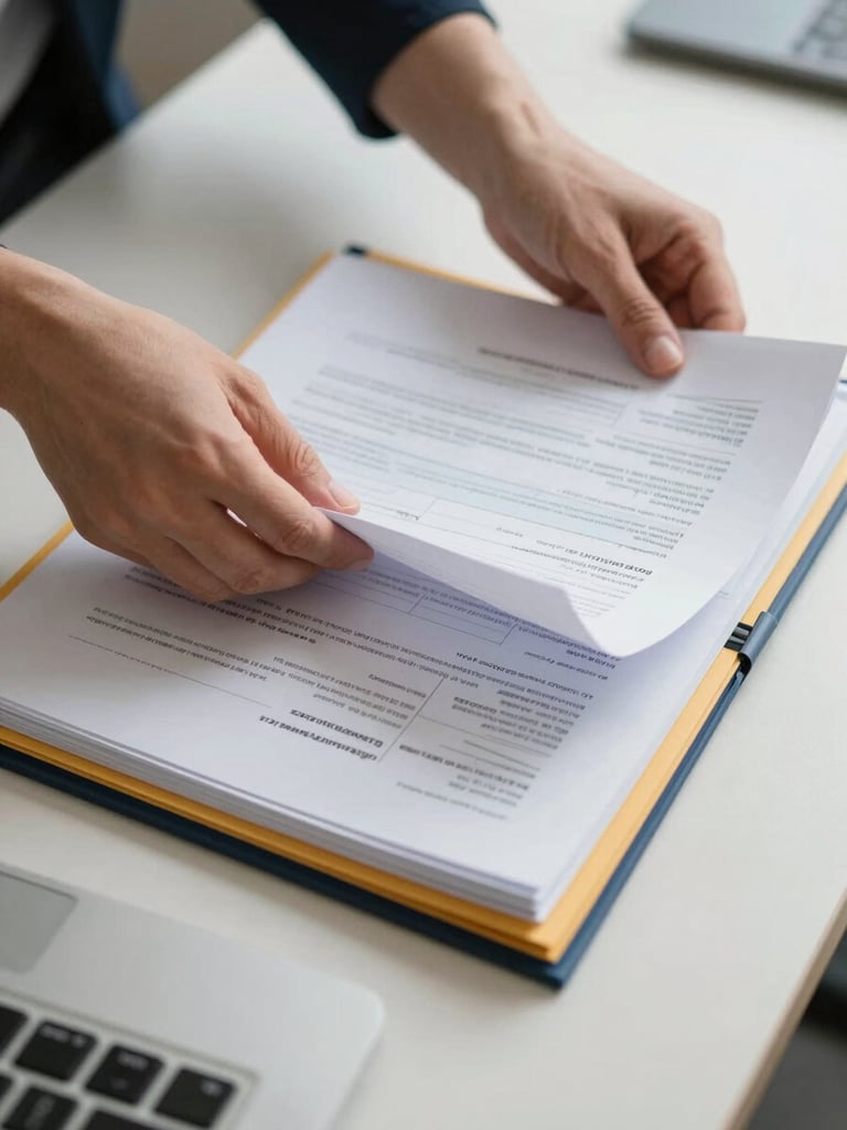 Close-up of hands sorting through organized claim denial documents on a clean desk, color-coded folders and a printed aging AR report visible, soft diffused office daylight from above, a keyboard partially in frame at the bottom edge, documentary framing with shallow depth of field on the paperwork