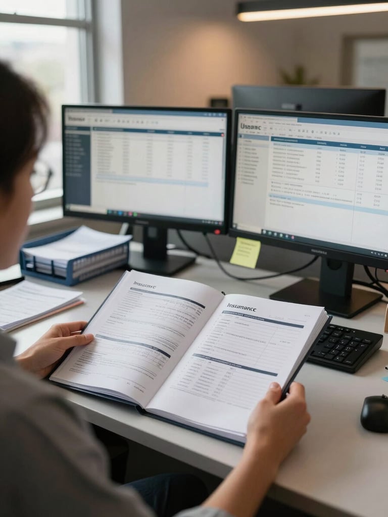 Over-the-shoulder wide shot of a billing specialist at a desk reviewing a thick folder of insurance claim documents, dual monitors showing claim status dashboards, soft office daylight from a window on the left side, organized paper trays and sticky notes visible in the mid-ground, warm ambient overhead light, documentary style