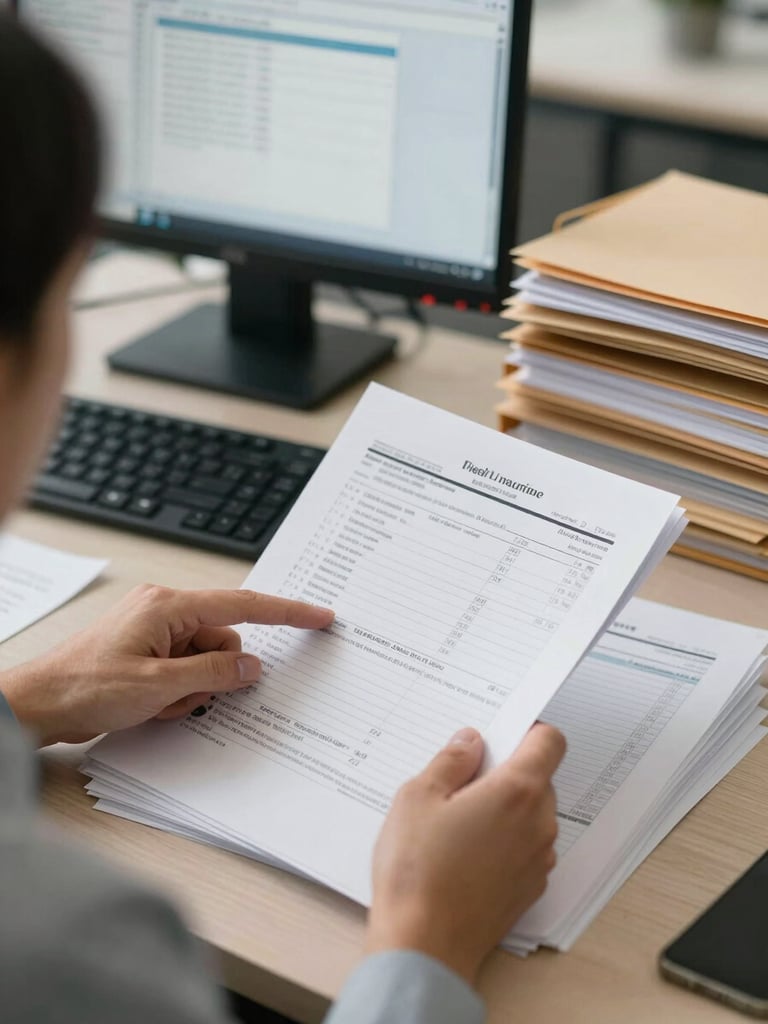 Over-the-shoulder shot of a billing administrator at a desk reviewing a dense stack of claim documents under soft office daylight, fingers pointing to a line item on printed remittance paper, a desktop monitor showing a claims dashboard softly blurred in the background, organized manila folders stacked to the right