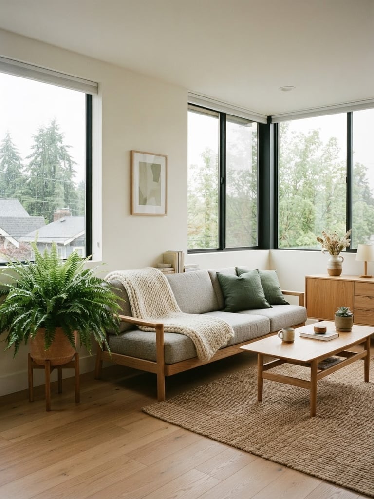 A bright, sunlit Seattle living room with minimalist oak furniture, a lush green potted fern in the corner, soft overcast daylight filtering through large windows.