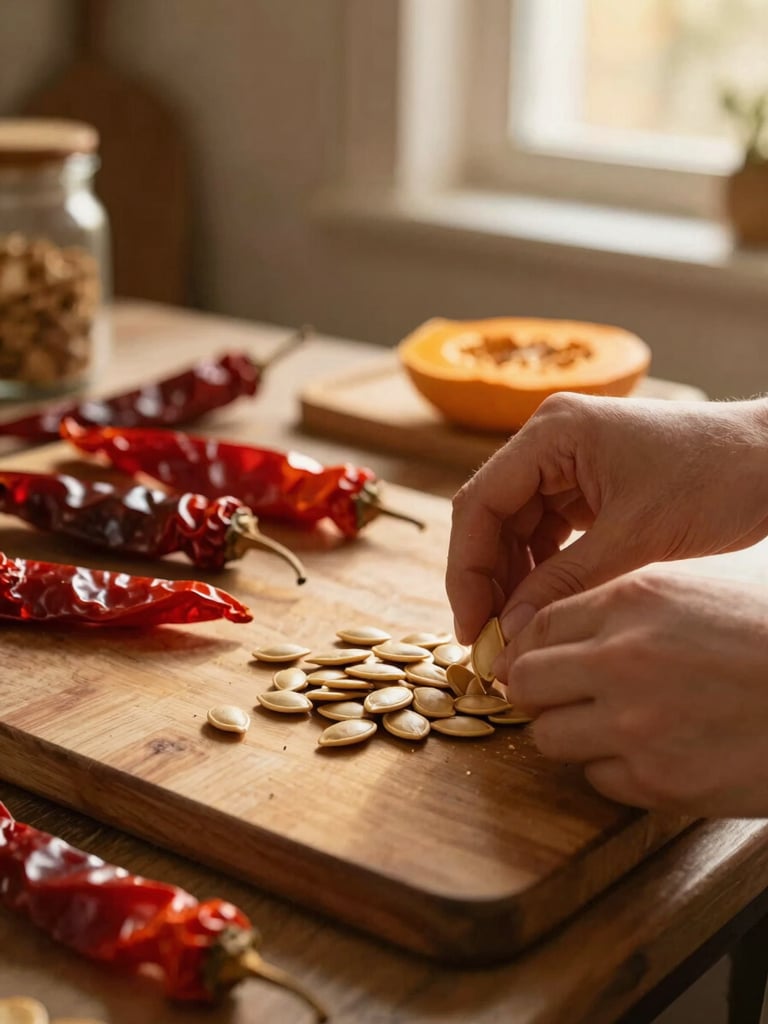 Artisanal kitchen scene with dried chiles on a wooden board, warm golden hour light, hands gently sorting pumpkin seeds, rustic and earthy, shallow depth of field, 35mm