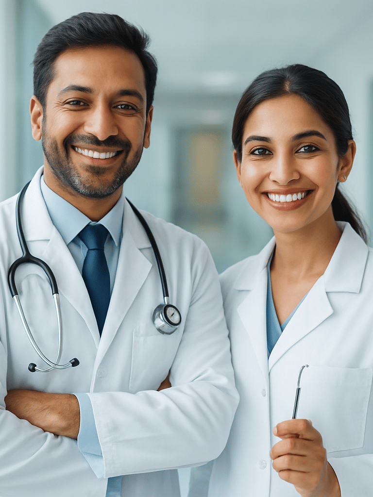 Professional portrait of a caring Indian male pediatrician and a female dentist standing together in a bright, modern clinic hallway, smiling warmly.