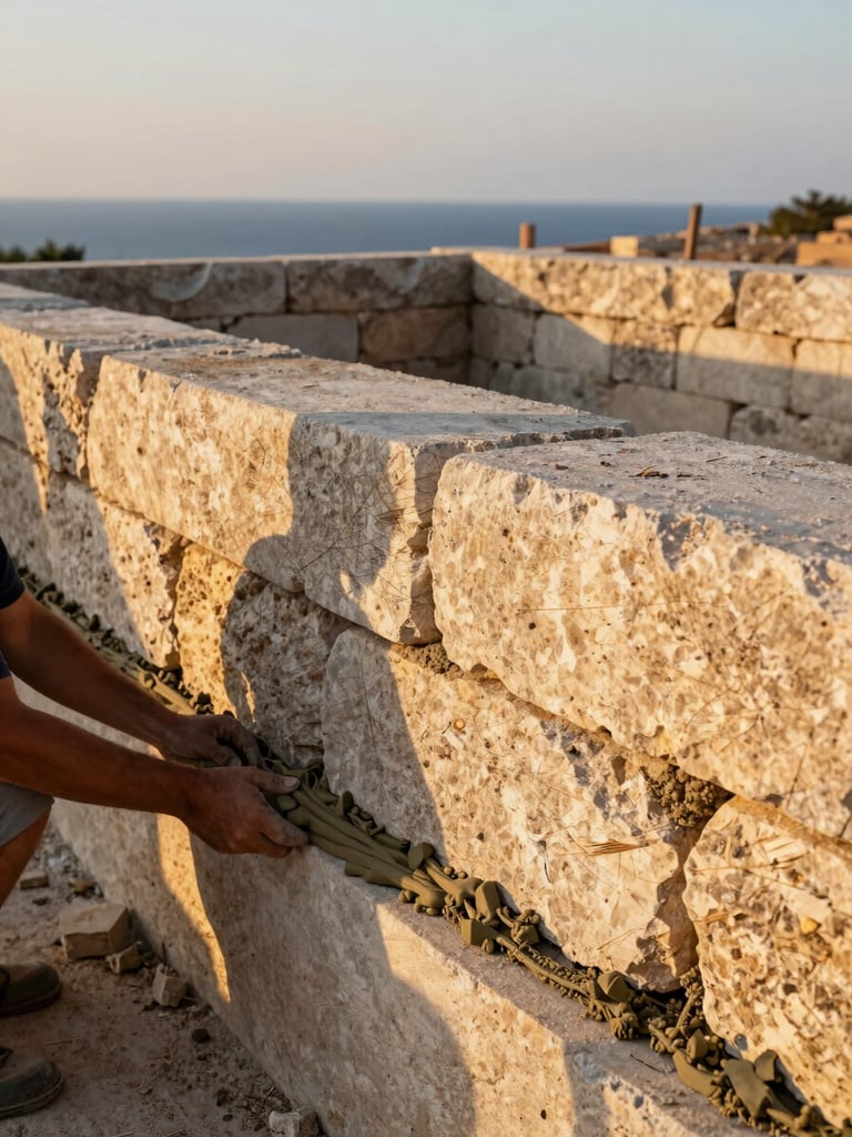 Close wide shot of stone foundation walls being laid at a Mediterranean construction site, golden afternoon light raking across rough-cut limestone blocks, a worker's hands pressing mortar into a joint in the lower left, the Aegean visible as a thin blue line at the horizon