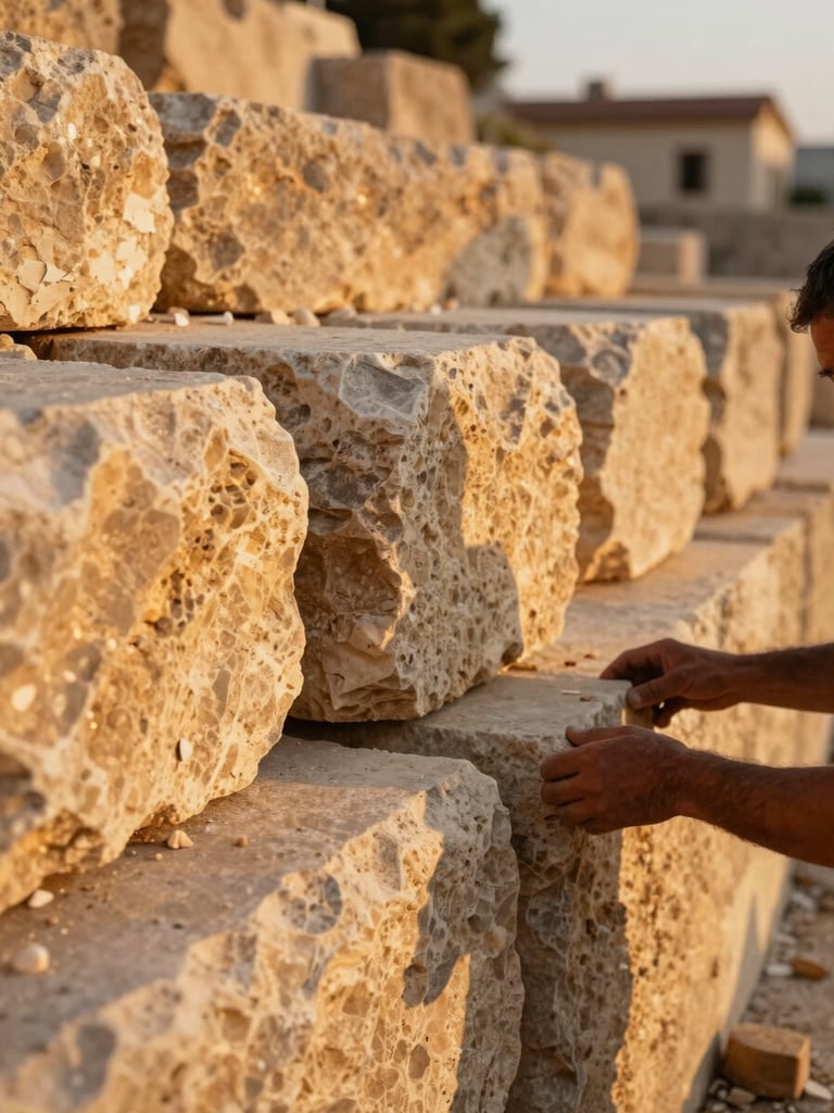 Close-up of rough-hewn limestone blocks being laid on a terrace wall, golden Mediterranean afternoon light raking across the stone texture, a mason's hands visible at the lower right corner, warm amber tones, sharp foreground detail fading into soft blur