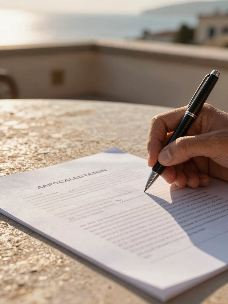 Close-up of a hand pressing a pen to a document on a sun-warmed stone table, golden Mediterranean afternoon light raking across the paper, a shallow terrace and blurred sea horizon in the background