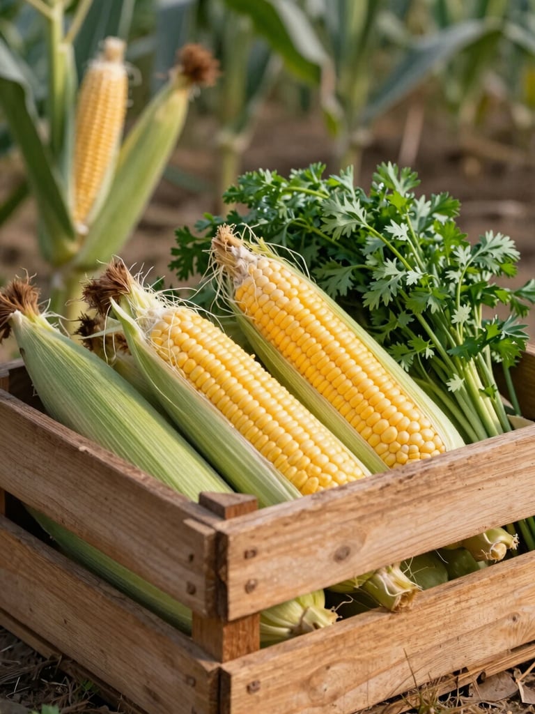 A wooden crate overflowing with freshly harvested sweet corn and green herbs, soft outdoor afternoon light, rustic farm background.