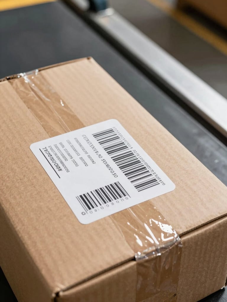 Close-up overhead shot of a cardboard parcel with a printed barcode label on a warehouse sorting belt, bright north-facing daylight, sharp label detail visible mid-frame