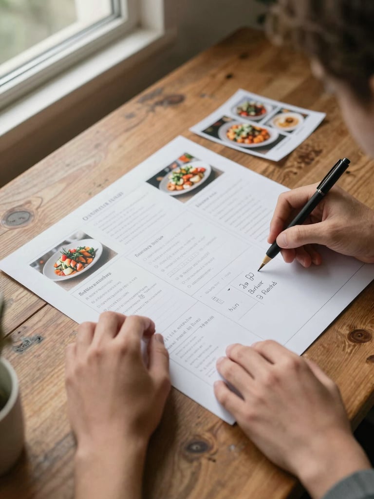 Close overhead view of two hands arranging a content planning board on a worn wooden table, small printed food photographs and handwritten notes visible, soft north-facing daylight from a left window, warm shadows, no faces
