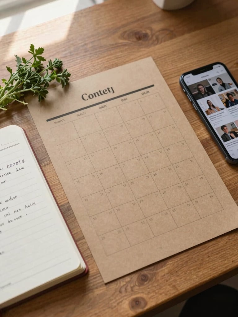 Overhead flat-lay of a content planning session: a wooden desk surface with a kraft-paper content calendar, a small bunch of fresh herbs, an open notebook with handwritten notes, and a muted phone screen showing a social feed — north-facing daylight streaming from the upper-left, soft shadows, no people visible, warm parchment tones