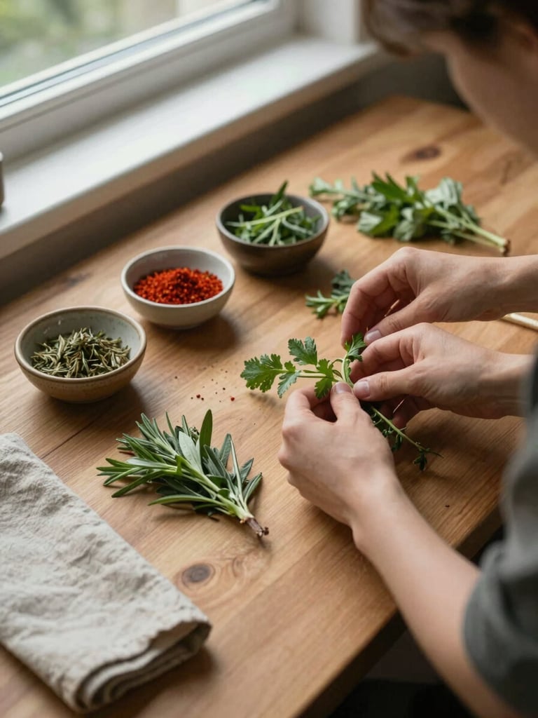 Close overhead view of a wooden prep table under soft north-facing window light, hands arranging fresh herbs and small ceramic bowls of spices, a worn linen cloth folded at the left edge, calm kitchen preparation moment