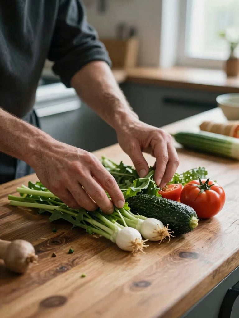 Close-up of hands carefully arranging fresh seasonal vegetables on a worn wooden kitchen counter, a soft-focus restaurant kitchen interior visible in the background, north-facing window light casting clean cool shadows across the scene, no faces visible, editorial calm