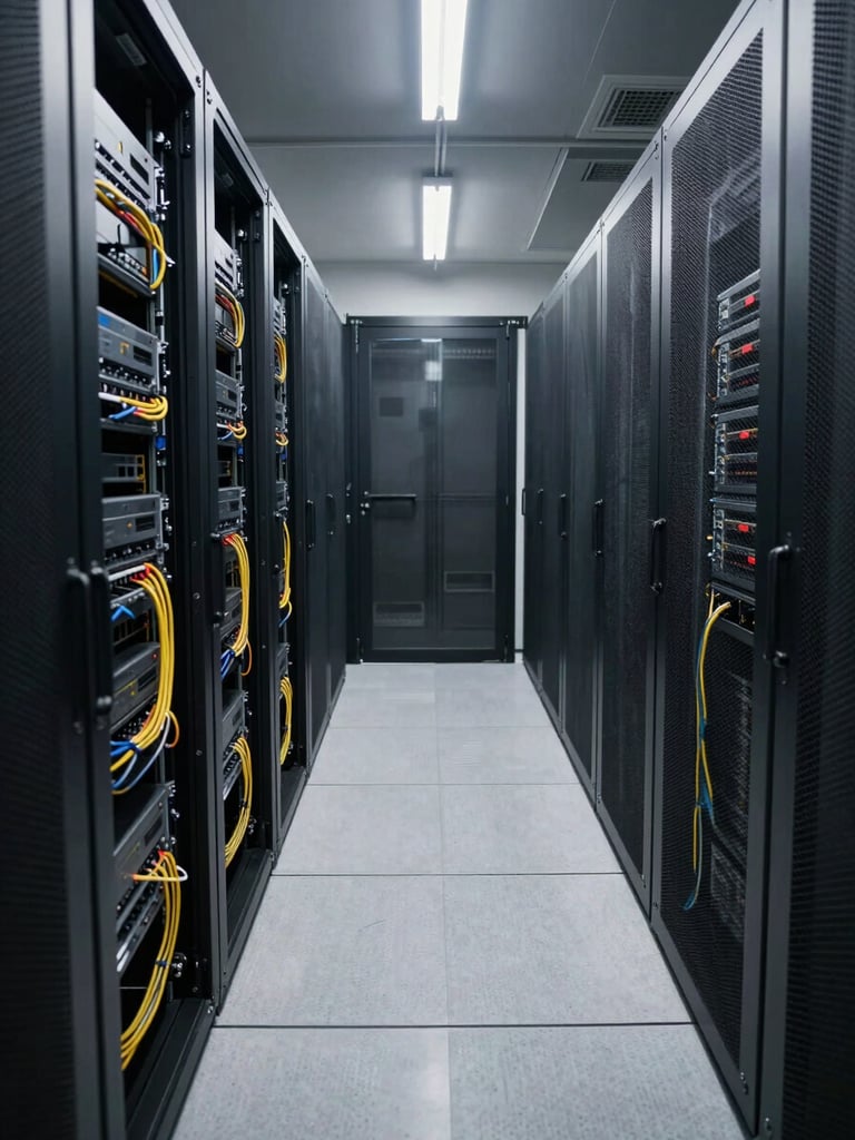 Wide-angle view of an active server room corridor, overhead fluorescent lighting casting clean diffuse light on rack-mounted equipment, cables organized in labeled bundles, no people visible, shot from mid-corridor looking toward a reinforced door at the far end