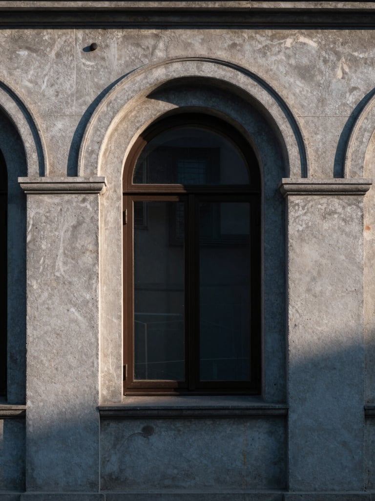 Wide architectural detail of a Balkan city at early morning — concrete facade with deep-set arched window, cool north-facing light, high contrast shadows, no people, geometric composition