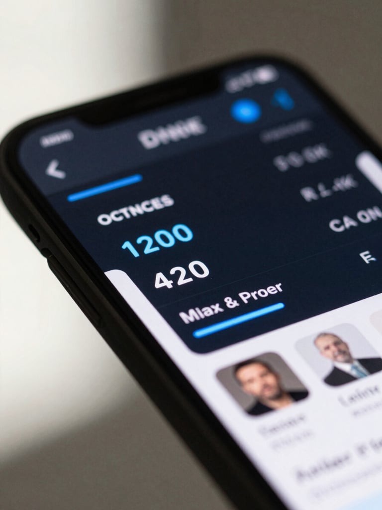 Close-up macro shot of a smartphone screen displaying a banking dashboard interface, cool north-facing daylight from the left, geometric UI elements in sharp focus, dark background with electric-blue data indicators, no text legible