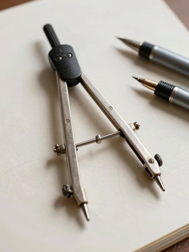 Macro detail of hand-drawn ink lines on heavy textured cream paper, drafting compass and fine-line technical pens resting nearby, soft natural studio light casting realistic shadows, archival cartography aesthetic.