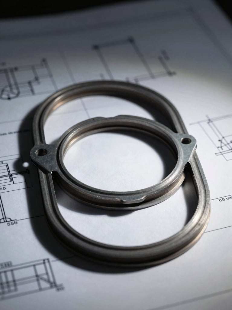 Industrial macro photography of a multi-layer steel gasket laid flat on a technical blueprint schematic, high-contrast side-shadows, sharp focus, 50mm