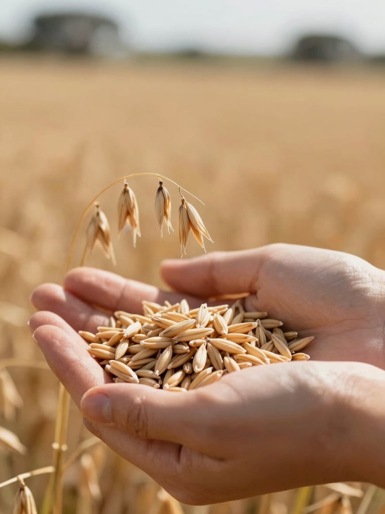 Macro close-up of raw golden oat grains held in sunlit hands, warm natural lighting, soft focus background of an Australian farm