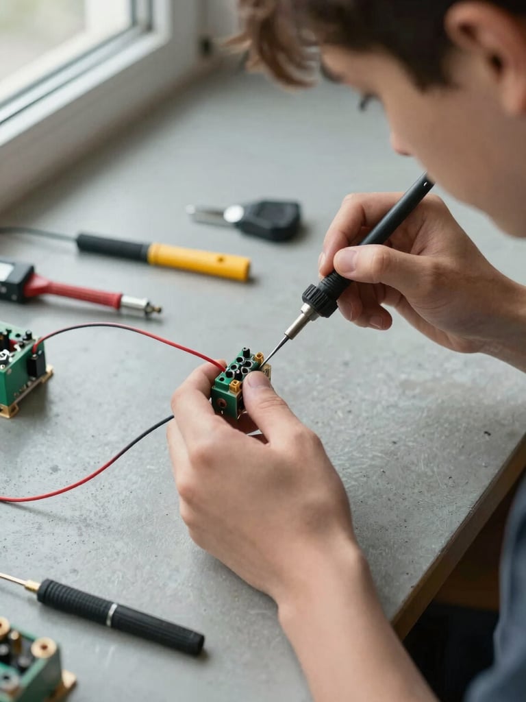 Close-up overhead of a student's hands soldering an electrical conduit on a workbench, wiring laid out precisely, tools arranged beside the project, natural light from a workshop window, concrete surface underneath