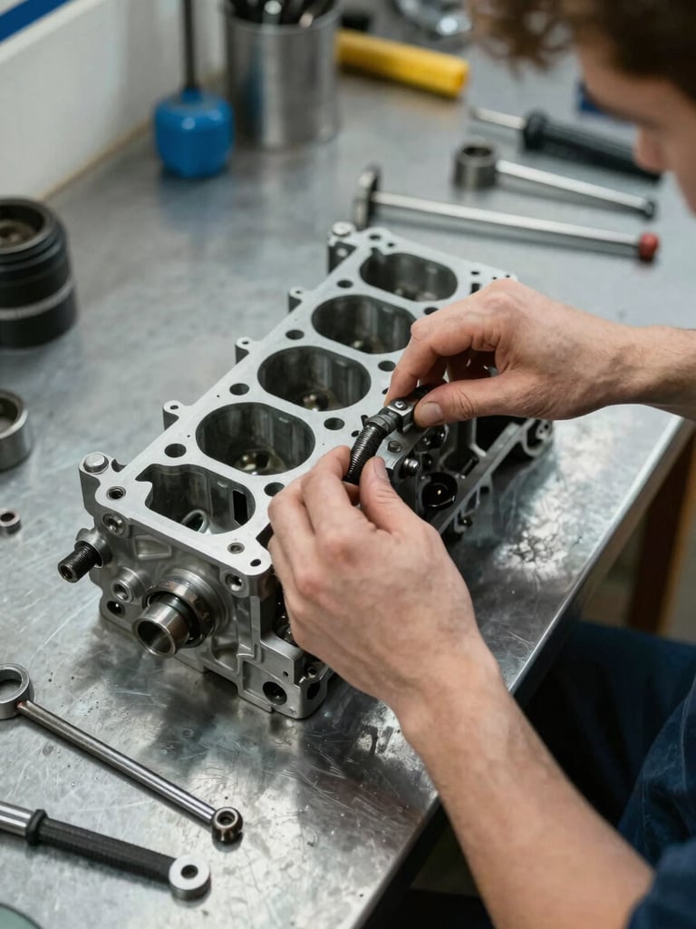 Close overhead shot of a workbench in a vocational school mechanics bay, hands tightening a bolt on an engine block, tools laid out on a steel surface, even natural workshop light, no faces